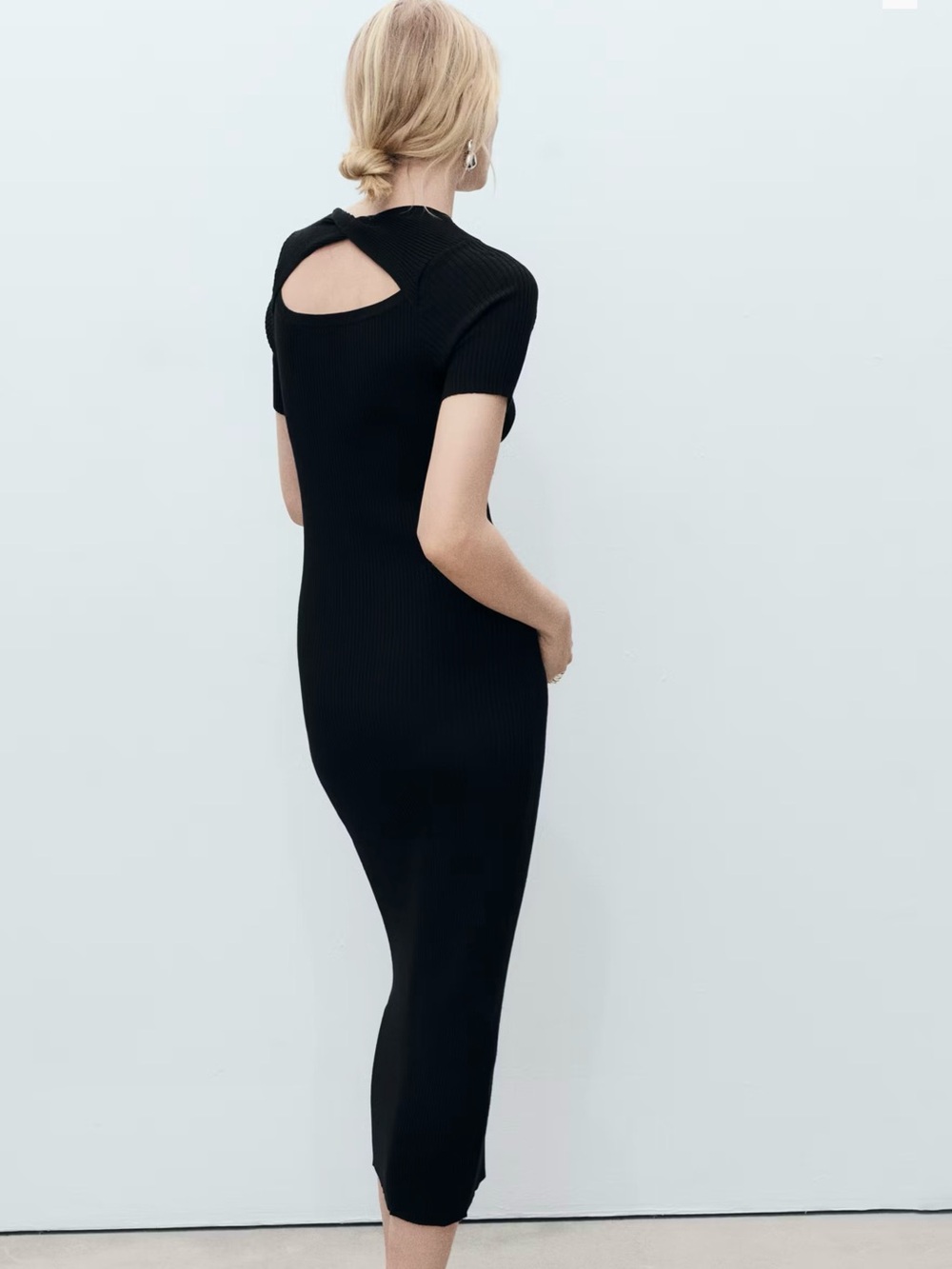 Mango Black Ribbed Midi Dress with Front Cutout